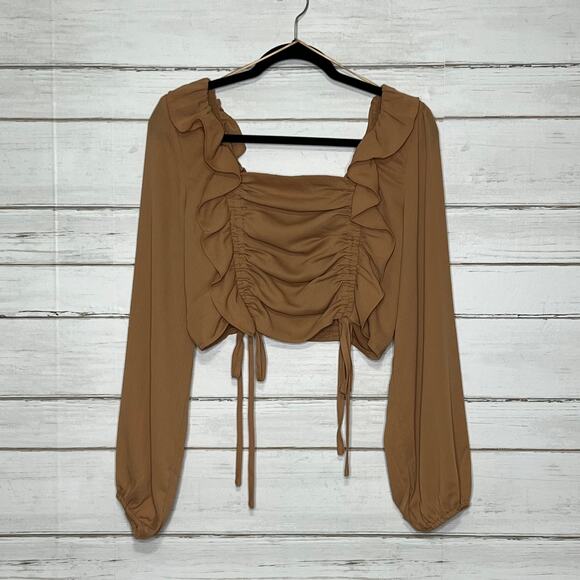Le Lis Long Sleeve Ruffle Crop Top Tan Size Large - Picture 2 of 9